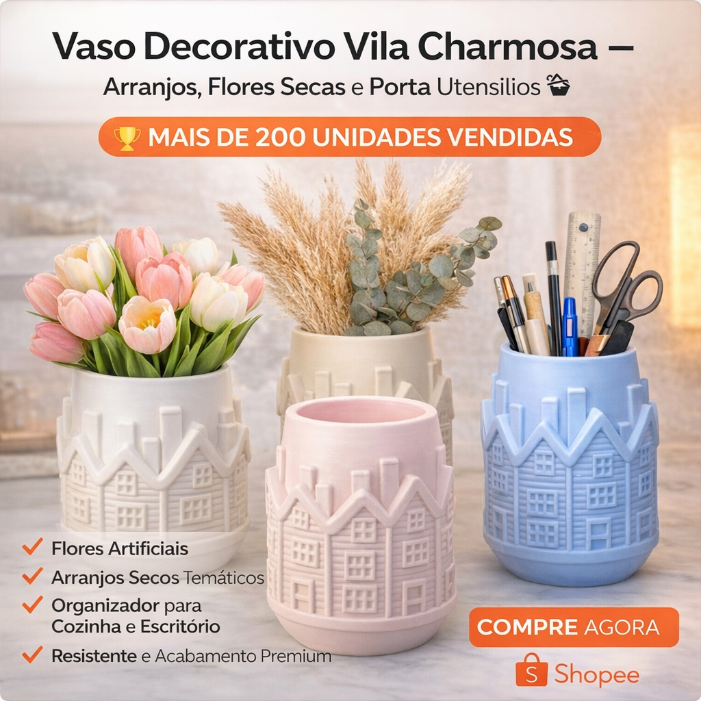 Vaso Decorativo Vila Charmosa – Para Arranjos, Flores Secas e Porta Utensílios