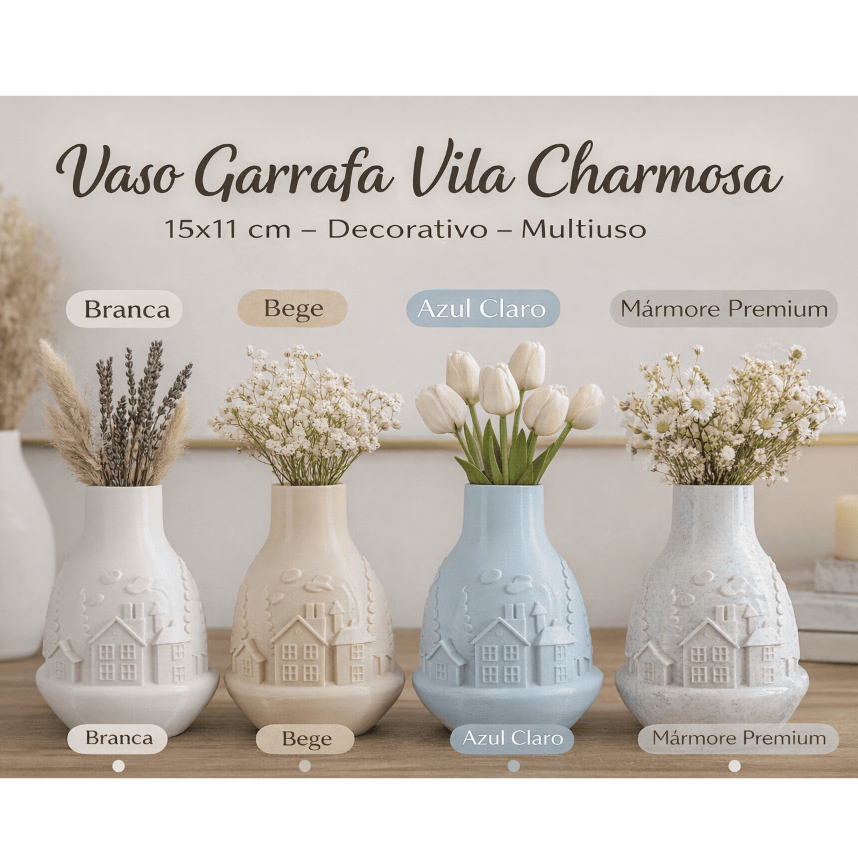 Vaso Garrafa Decorativo Vila Charmosa – Multiuso, Casas em Relevo, Minimalista e Acabamento Premium em Oferta na Shopee