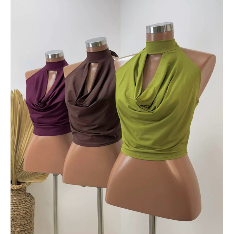 Blusa Feminina croped Poliamida decote babado gola laço lançamento