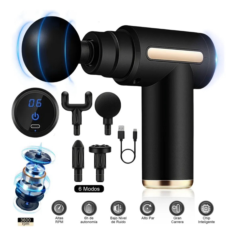 Pistola de Massagem Elétrica Com Visor e 8 Cabeças PREMIUM Massageador Muscular de Alta Frequência