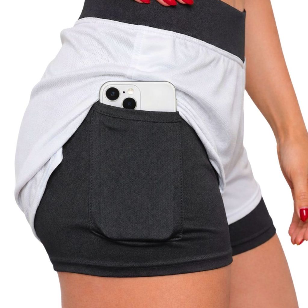 Shorts compressão 2 em 1 feminino para academia caminhadas e corrida Branco