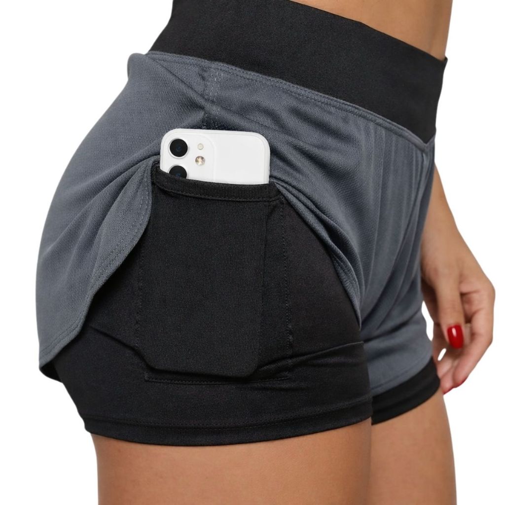 Shorts compressão 2 em 1 feminino para academia caminhadas e corrida Cinza
