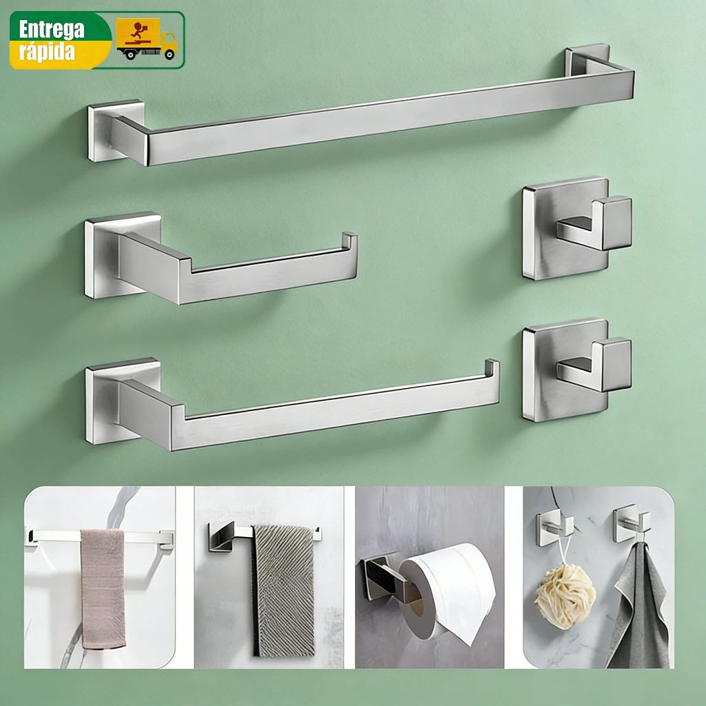 Kit 5 Acessórios Banheiro Cabide Toalheiros Papeleira e 2 ganchos, Aço Inox De Banheiro, Resistente em Oferta na Shopee