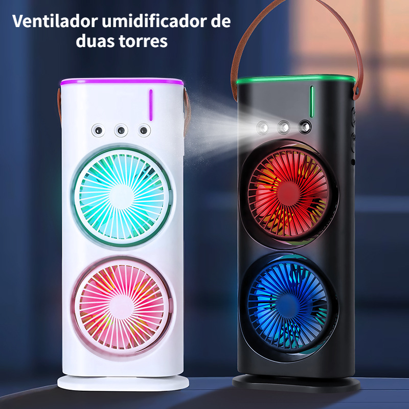 Ventilador umidificador de duas torres com 3 velocidades Ar condicionado portátil USB com LED
