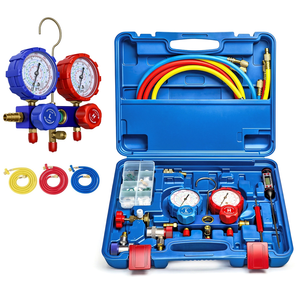 Manifold Profissional com Visor e Mangueiras Manômetro Ar Condicionado Automotivo R410 R32 R134a