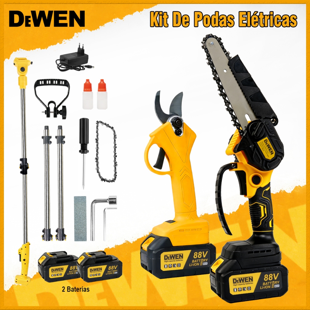 Podador de Galhos 88V com 2 Baterias 980W 28000 RPM Cabo Extensor 2.7m Mini Motosserra Portátil Kit