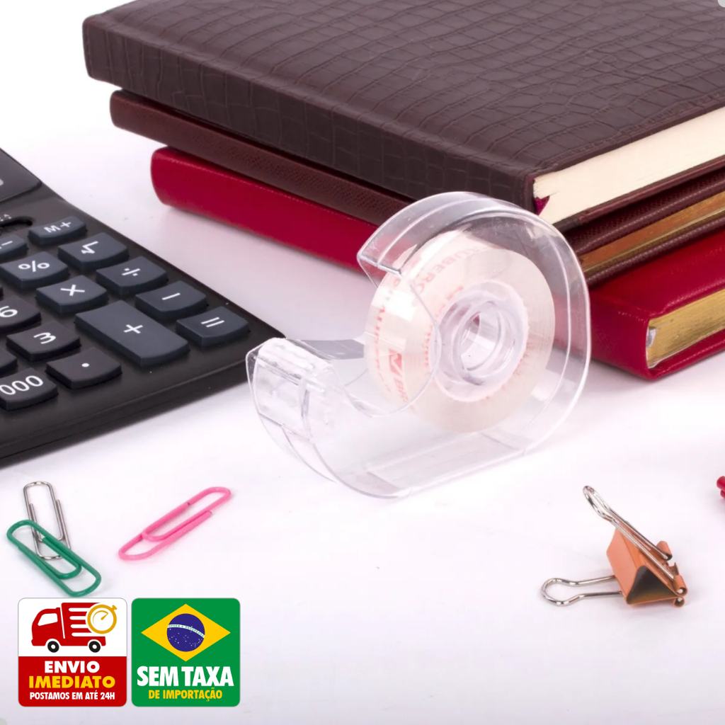 Fita Adesiva Transparente 18mm com Suporte Plástico de Mesa Escolar Escritório