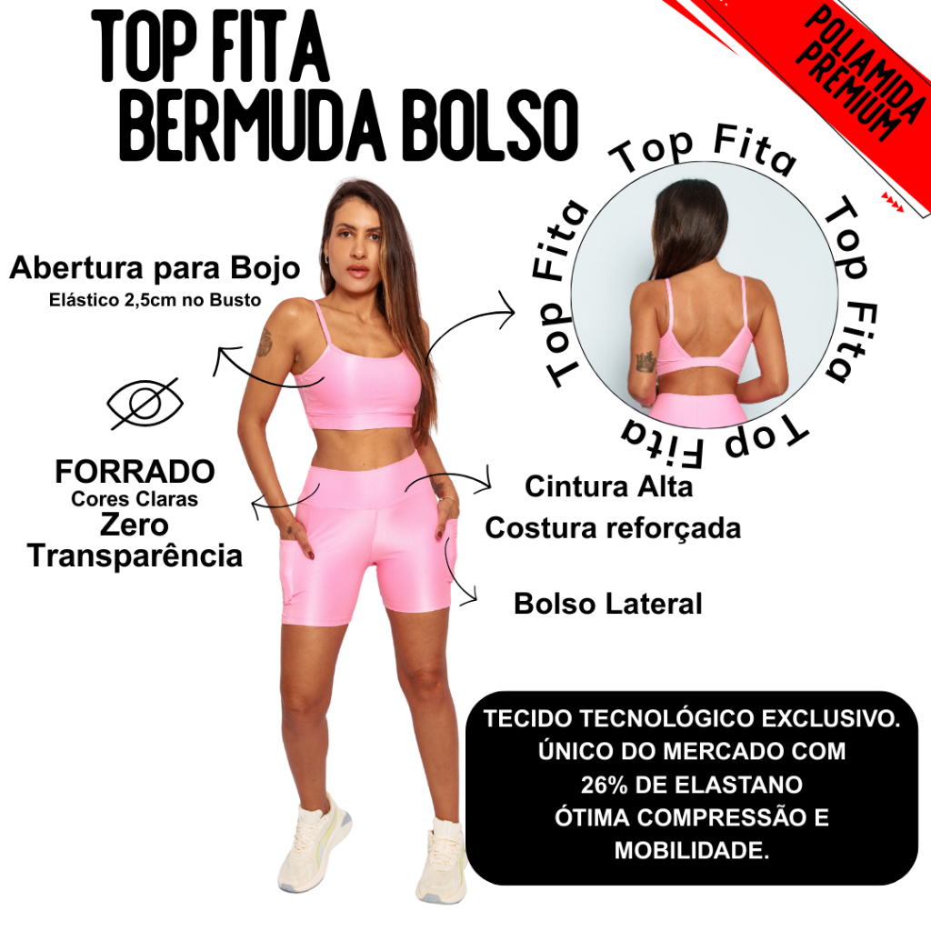 Conjunto Bermuda Bolso + Top Fita Micro Canelado Meia Coxa Mais Comprida Abertura Bojo em Oferta na Shopee