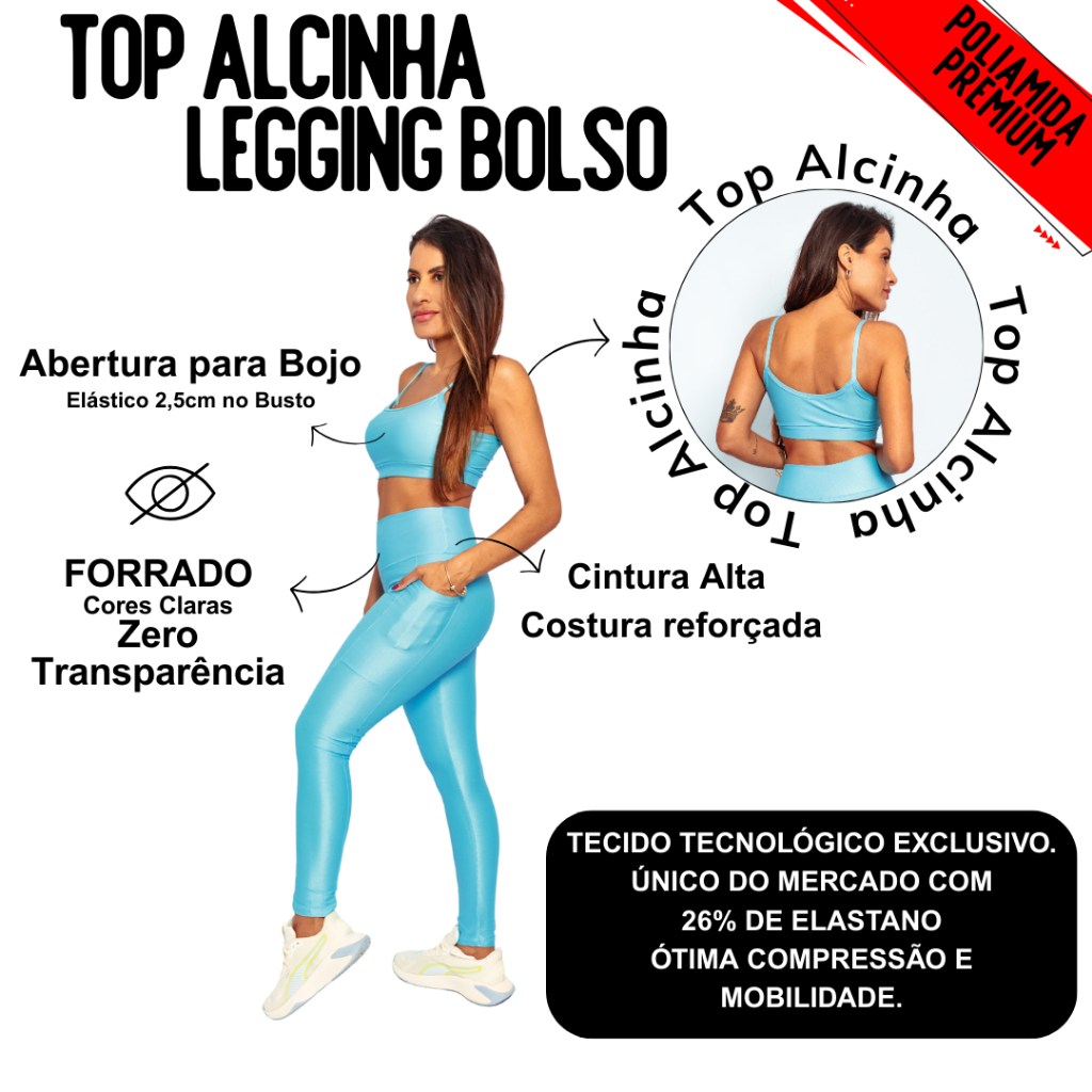 Conjunto Legging Bolso + Top Alcinha Micro Canelado Academia Costura Reforçada Abertura Bojo em Oferta na Shopee