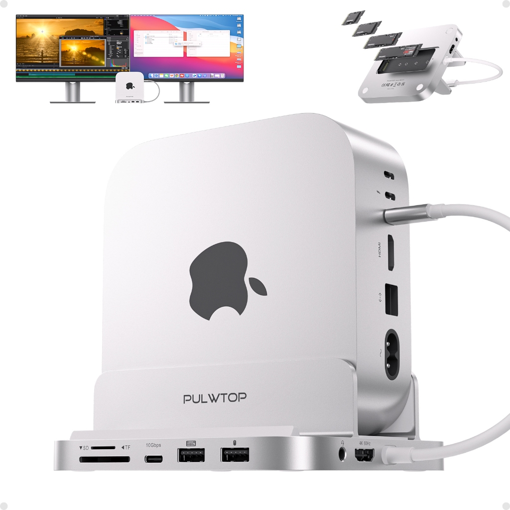PULWTOP Hub Usb C Dock Station Mac Mini M4 e Mac Mini M4 Pro com Case SSd NVME, HDMI 4k,  USB A/C10 Gbps