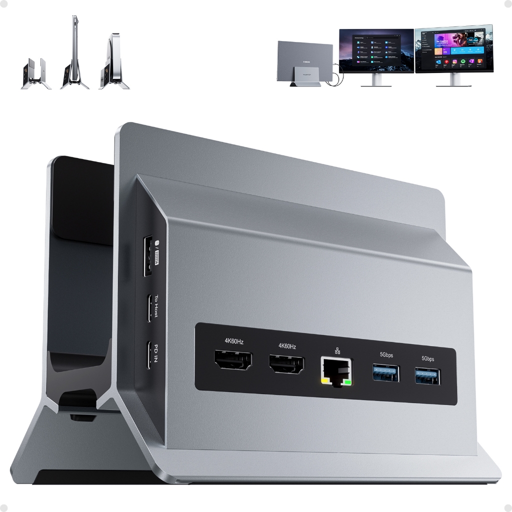 Estação de acoplamento 11 em 1 com hub USB C vertical 4K HD, USB A/C 3.2 Gen2 10Gbps, Ethernet Laptop Docking  Station