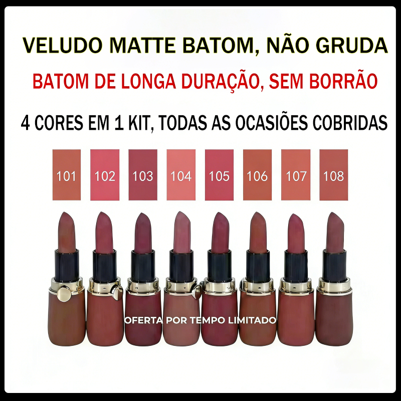 Kit 4 Batom Fosco Veludo 4/8 Cores Aveludado, Hidratante, Longa Duração, à Prova D'água