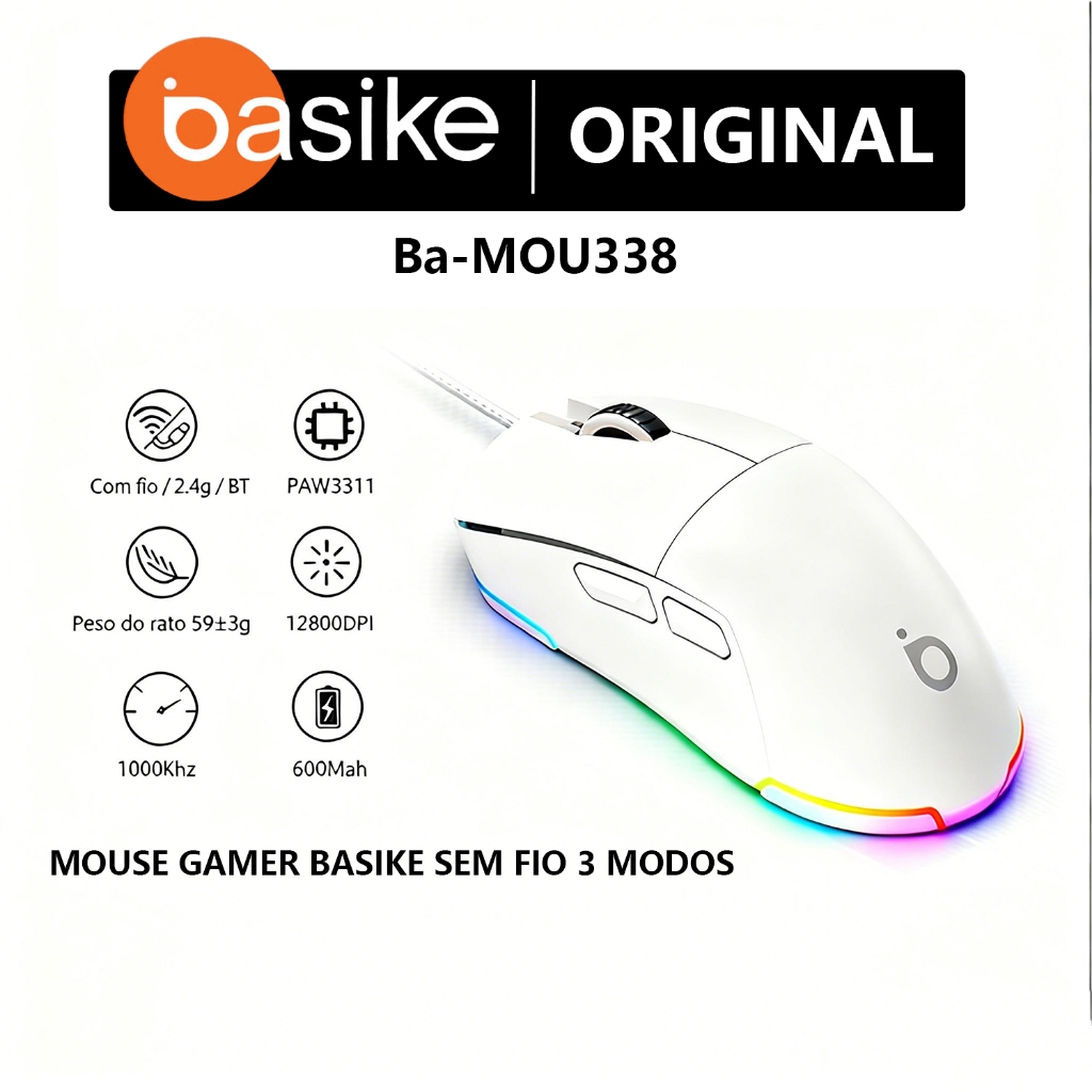 MOUSE GAMER BASIKE SEM FIO 3 MODOS | CONEXÃO BLUETOOTH 5.1, 2.4G e USB | RGB, 12800 DPI, RECARREGÁVEL em Oferta na Shopee