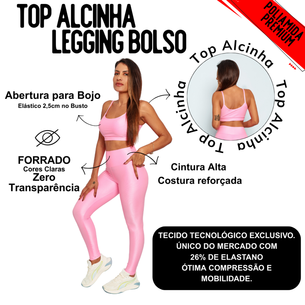 Conjunto Legging Bolso + Top Alcinha Abertura Bojo Micro Canelado Academia em Oferta na Shopee