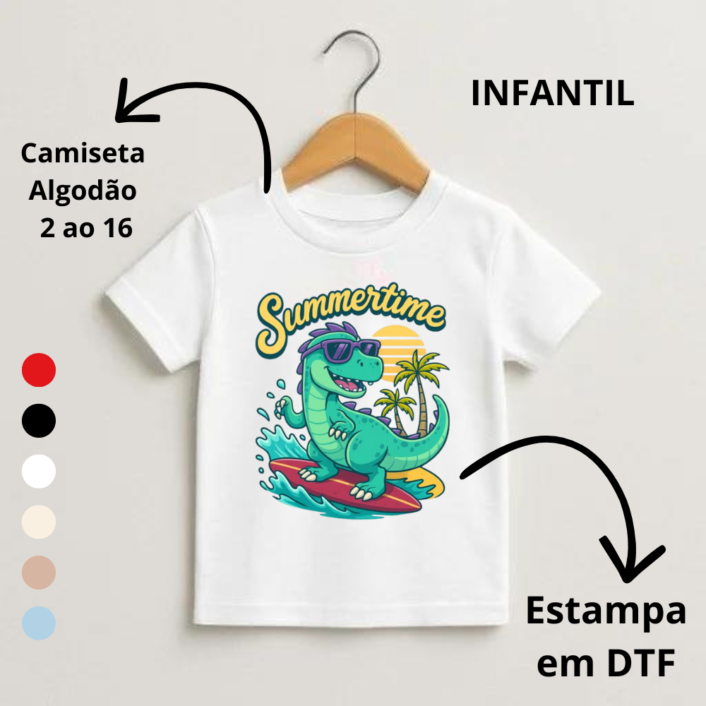 Camiseta Menina Estampada Dinossauro Surfista Summer Criança Infantil Varias Cores 2 ao 16 Algodão