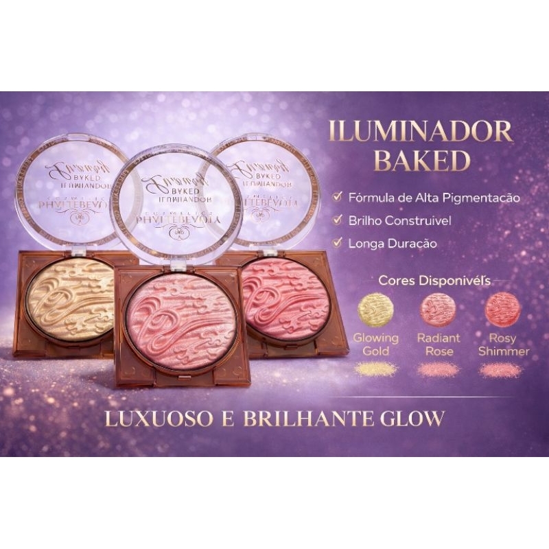 Kit 3 Iluminadores Phálle Beauty Luxury Alta Fixação, kit maquiagem rosto, iluminador profissional, maquiagem barata.