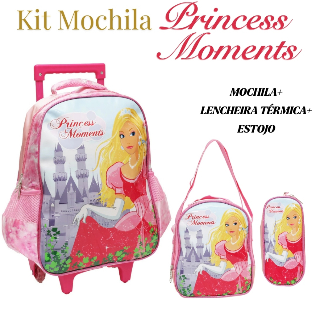 Kit Mochila Escolar infantil menina, Princesa Rodinha com Alça de Costa+ Lancheira Térmica + Estojo