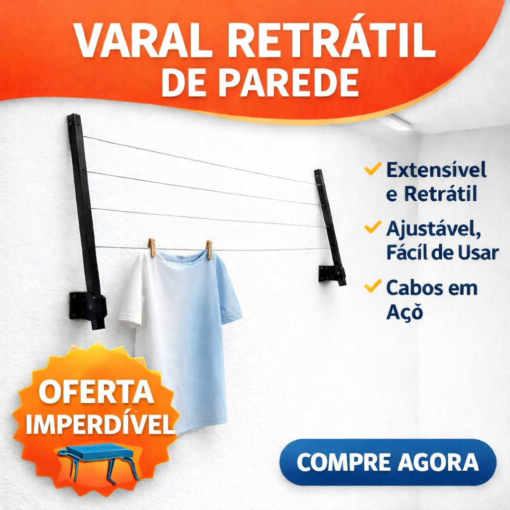 Varal De Parede Retrátil Aço Dobrável, Articulado, Cabo De Aço Encapado - Preto- ENVIO IMEDIATO em Oferta na Shopee