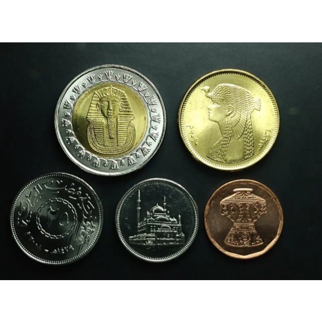 Egito, set com 5 moedas, de 5 piastres a 1 pound, 2007-2020, traz o busto de Cleópatra e a máscara de Tutancâmon