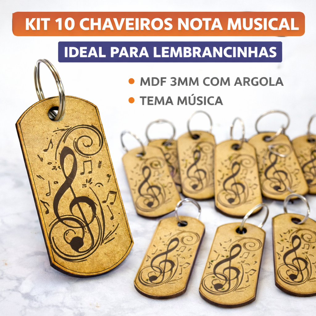Kit 10 Chaveiro Nota Musical Clave de Sol MDF Lembrancinha Festa Música Brinde Evento Escola Igreja