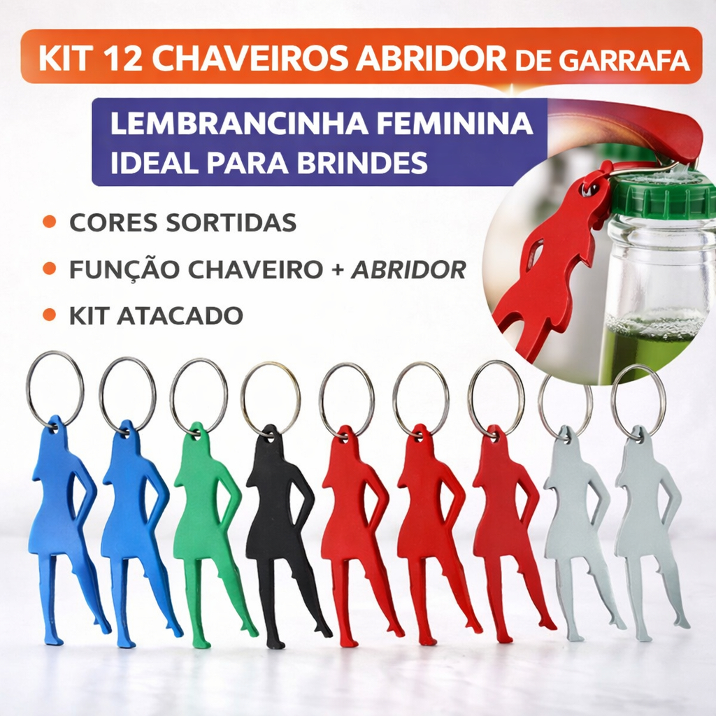 Kit 12 Chaveiro Abridor de Garrafa Feminino Lembrancinha Brinde Festa Evento Atacado Colorido