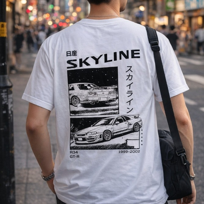 Camiseta Masculina Carros Feminina Automotiva Anime Japonês R34 Skyline GTR Nissan 100% Algodão