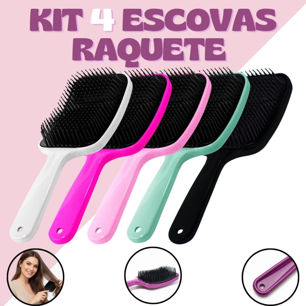Kit 4 Escova Raquete Desembaraçadora - Anti Frizz em Oferta na Shopee