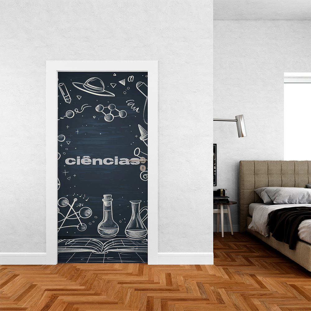 Capa De Porta Decorativa Tecido Helanca Tema Escolar Ciências Estampados 85x210cm Modelo Veste Fácil