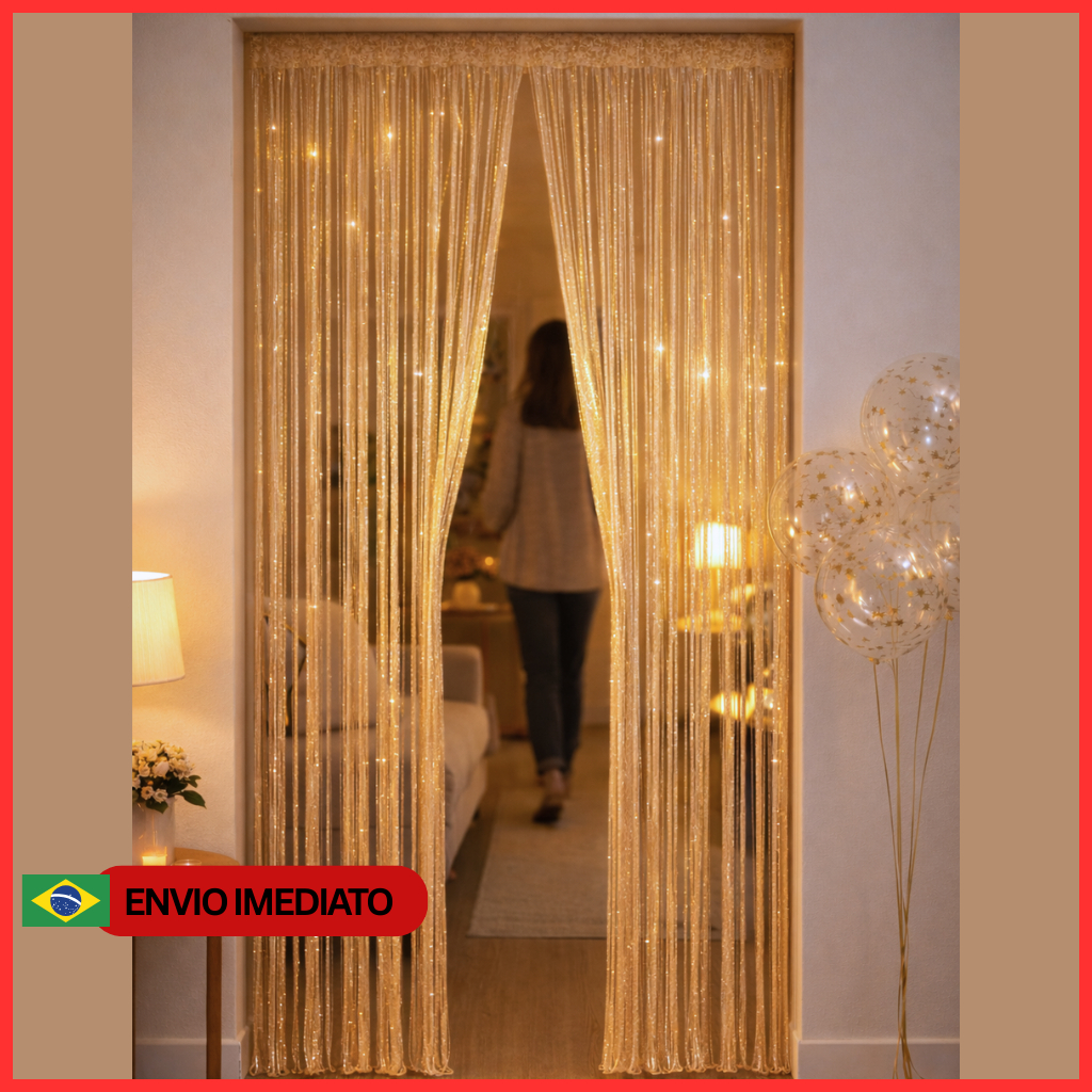 Cortina Decorativa Champagne Luxo Brilhante Porta Quarto Sala Festa | Fios Metalizados 1x2m Full Shopee