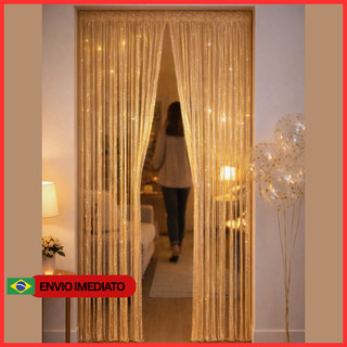 Cortina Decorativa Champagne Luxo Brilhante Porta Quarto Sala Festa Natal | Fios Metaliza…