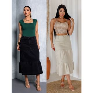 Saia Midi Jeans 3 Marias Com Lycra Moda Evangélica Cristã Peplum em Oferta na Shopee