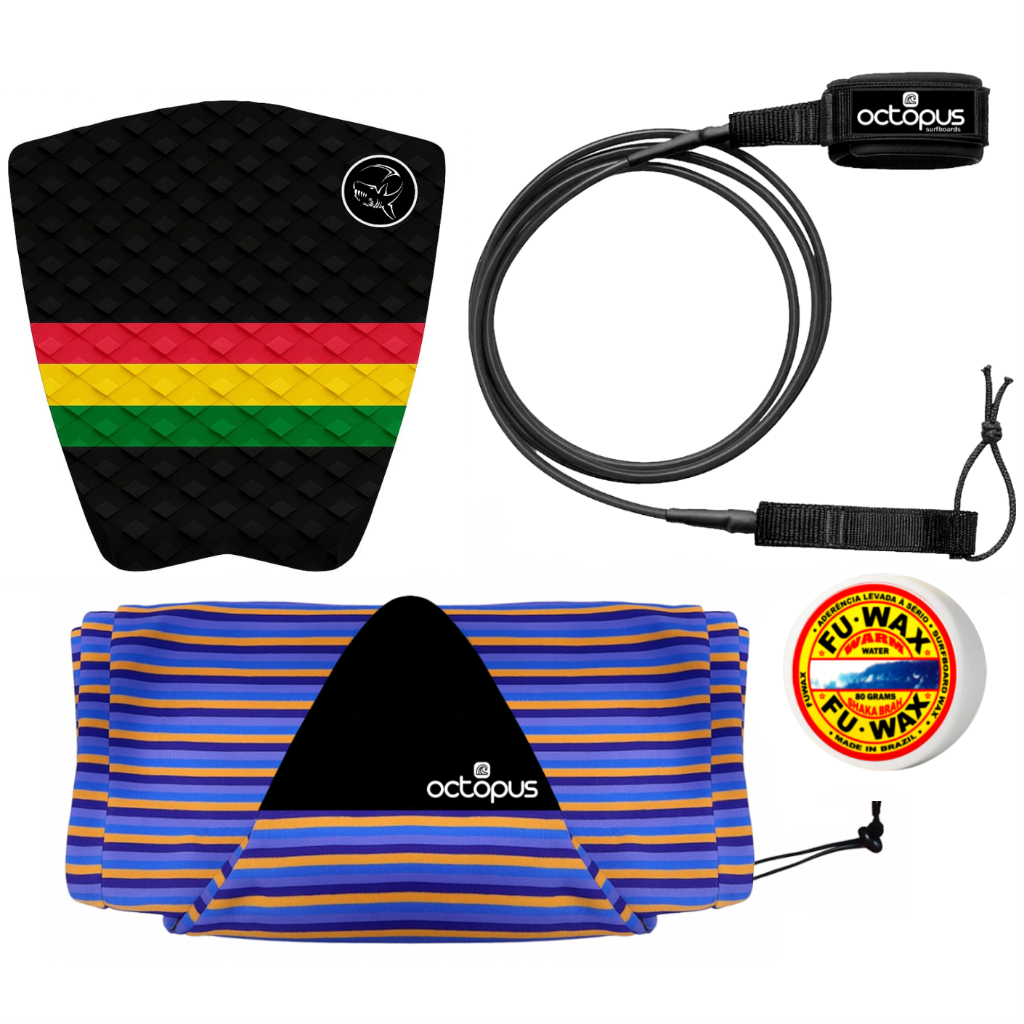 Leash Surf 6´ x 6,5mm + Deck Prancha Surf + Capa Toalha Pranchinha + Parafina 80gr+ Raspador