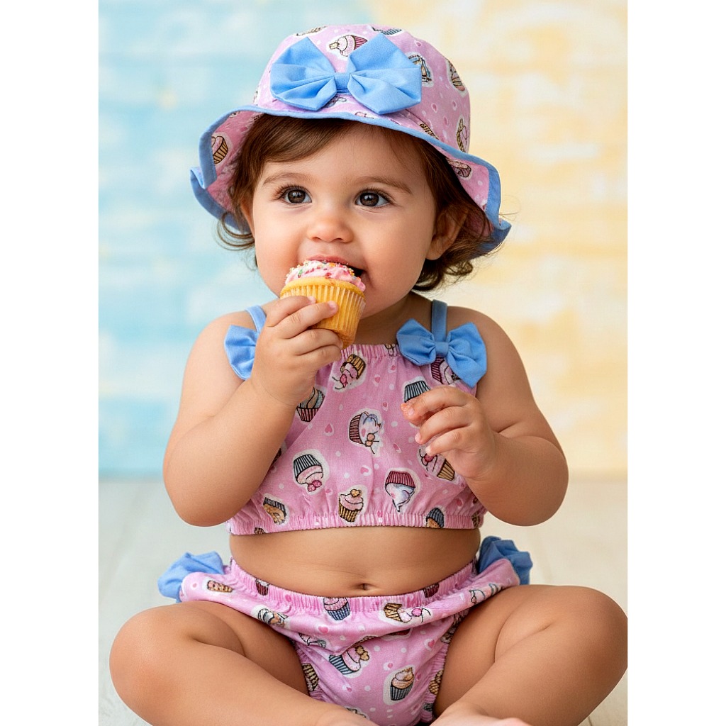Banho De Sol Bebê Infantil Vitamina D Verão Cupcake Temático Fashion Roupa Kit Top Calcinha Chapéu