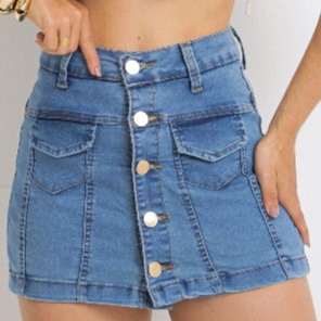 Short saia Cargo , Jeans Feminino, Bolsos frontal, curto, Modelagem Levanta Bumbum, CINTURA ALTA.