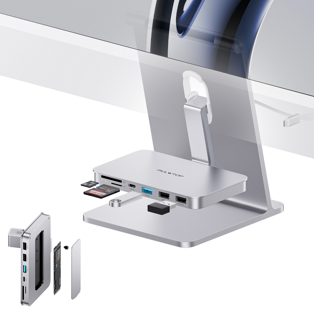 iMac Hub USB-C PULWTOP com USB de 10 Gbps, M.2 NVME SSD Case para iMac M1/M3/M4 24 inch & Studio Display