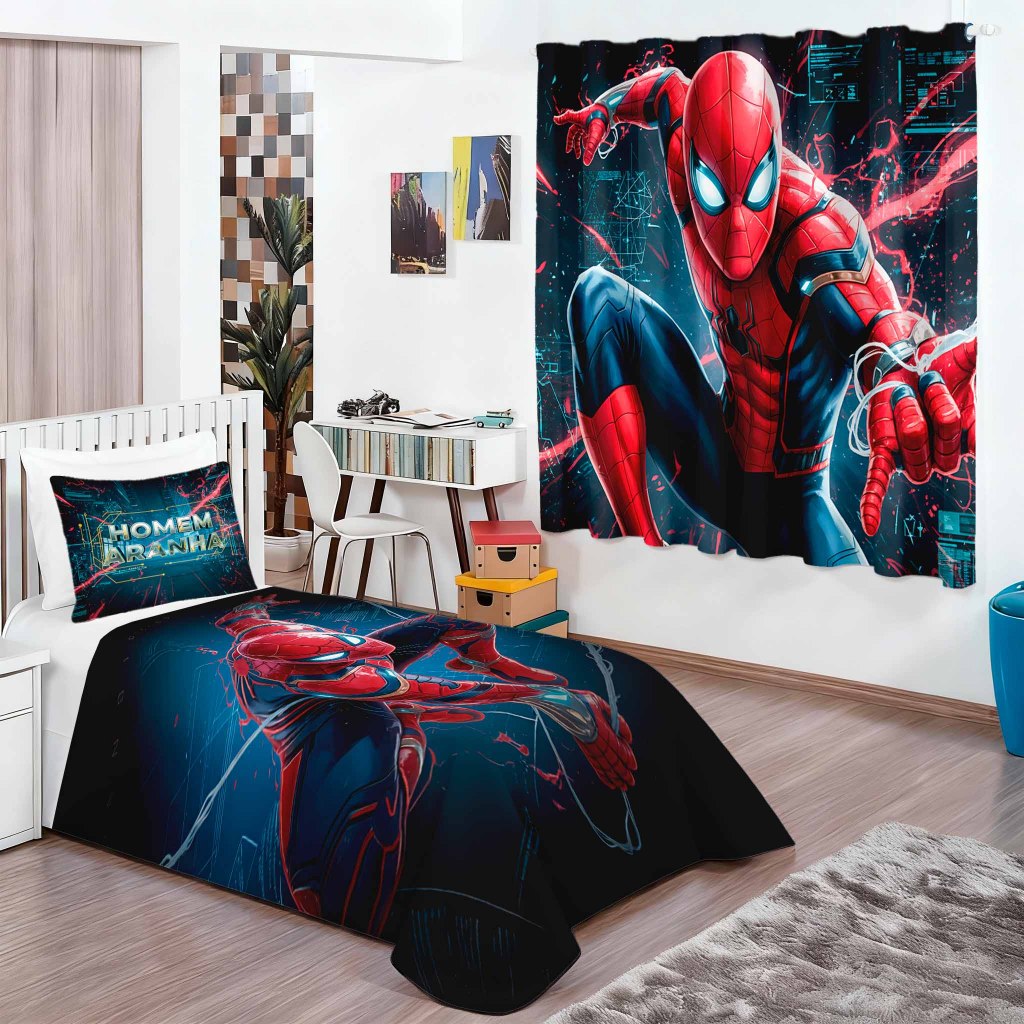 Kit Cobre Leito Cama Solteiro Infantil Super Heróis Estampada Fronha + Colcha + Cortina Quarto Meninos