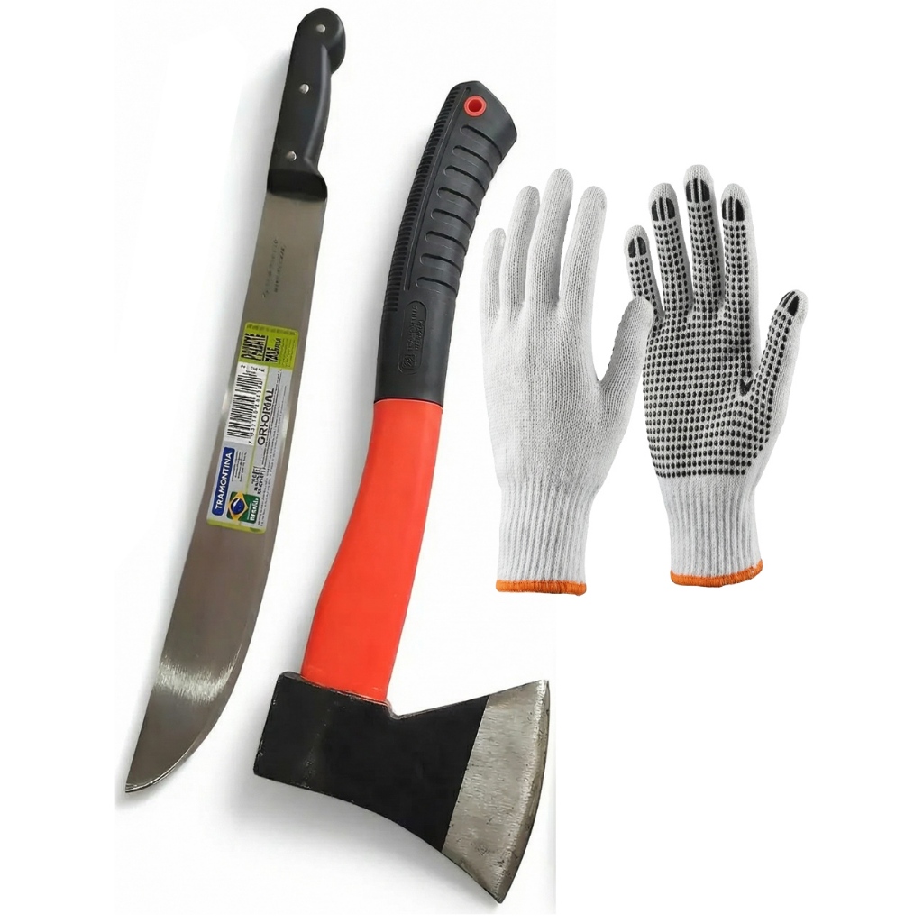Kit Machadinha / Machado para lenhador mato galho madeira + Facão Tramontina 12" para mato + Luvas