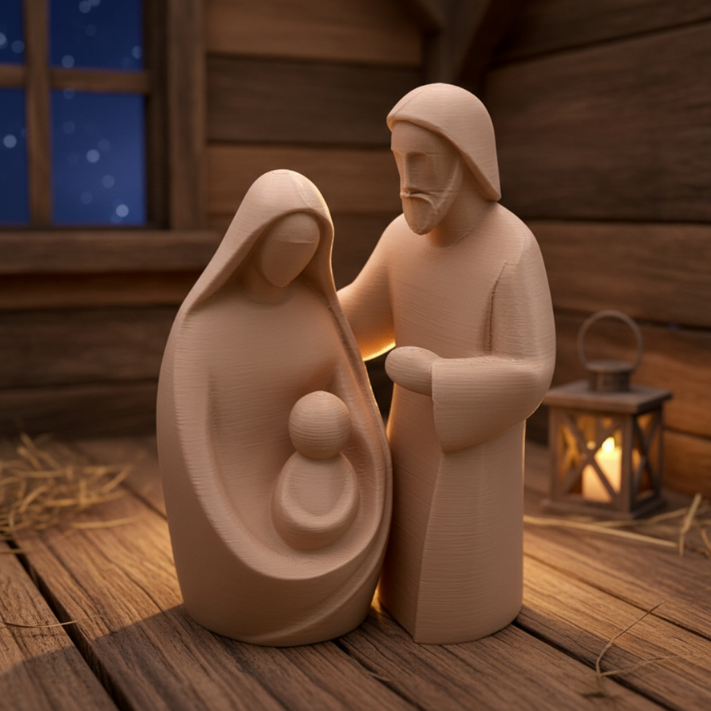 Sagrada Família Minimalista Natalina | Escultura Decorativa 11cm – Nascimento de Jesus