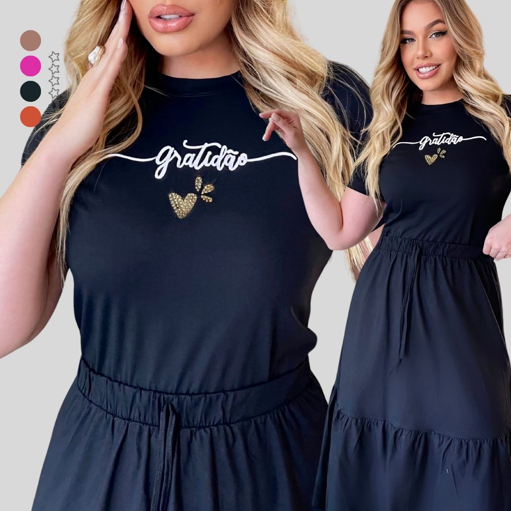 Conjunto Feminino Premium em Algodão Penteado | Blusa Moderna + Saia Midi