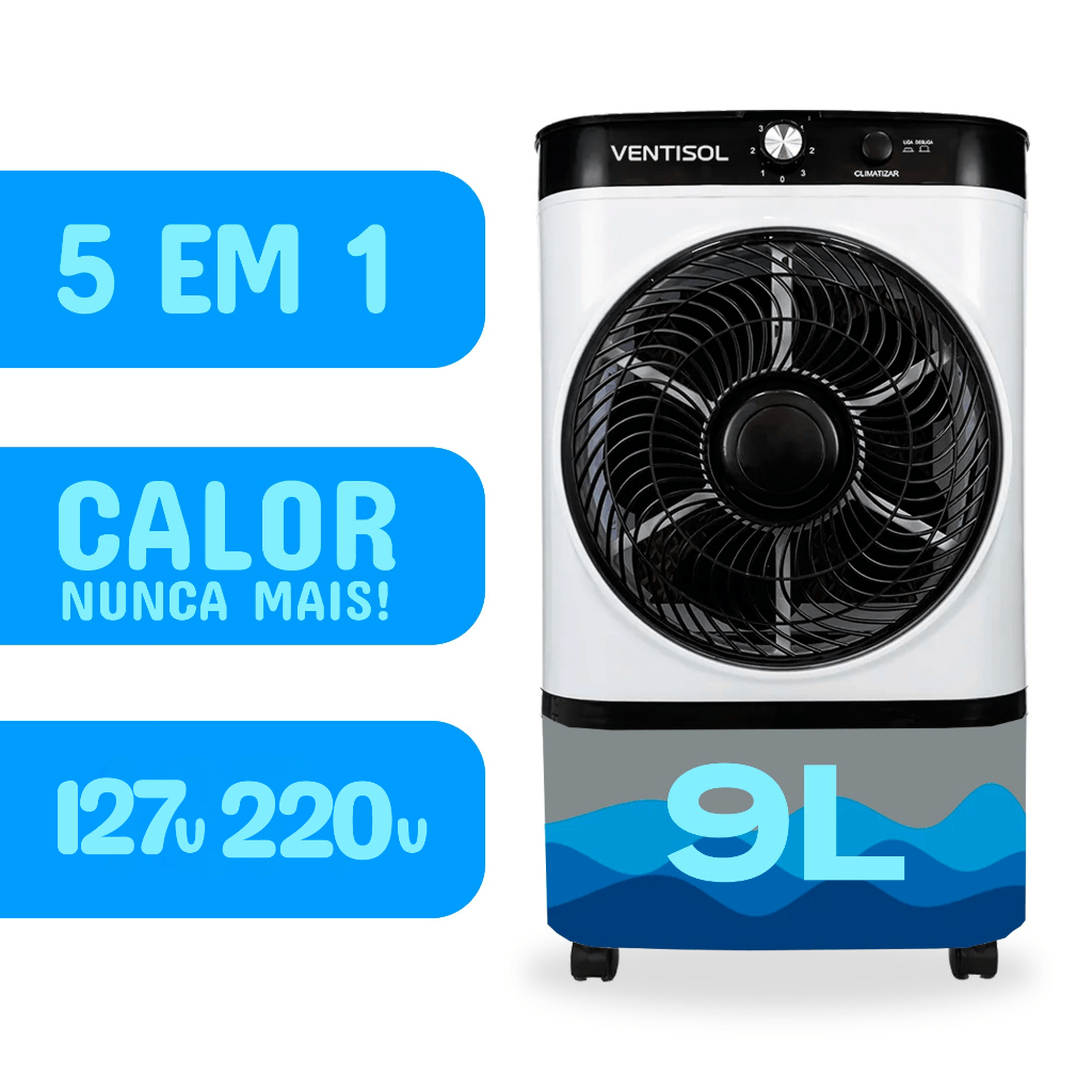 Climatizador Umidificador Portátil Ar Frio Ventisol 5 em 1 3 Velocidades 9L CLIN09 Ideal Escritório