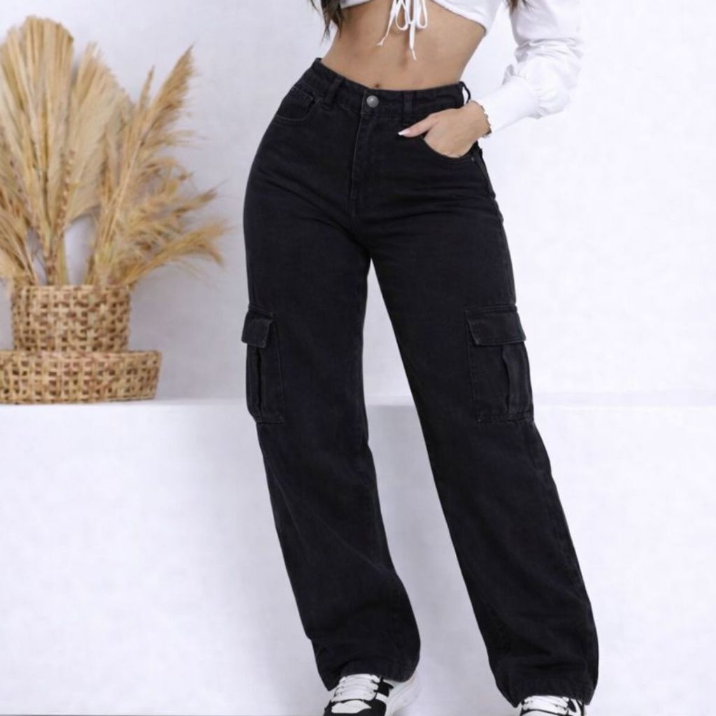 calça Jeans Feminina Wide Leg Cargo Larga Cintura Alta Cinza Grafite Marmorizada Sem Lycra