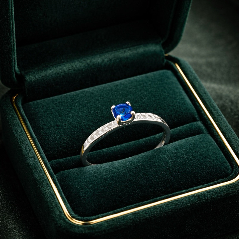 Anel Solitário Zircônia Azul Com Lateral Cravejada Em Prata 925