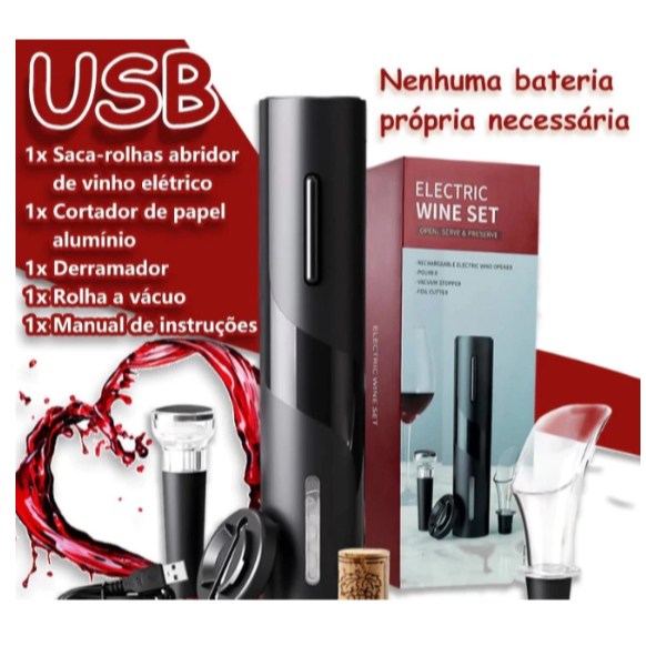 Saca Rolha Abridor De Vinho Elétrico Recarregável Automático Kit 4 Peças Carregamento por usb em Oferta na Shopee