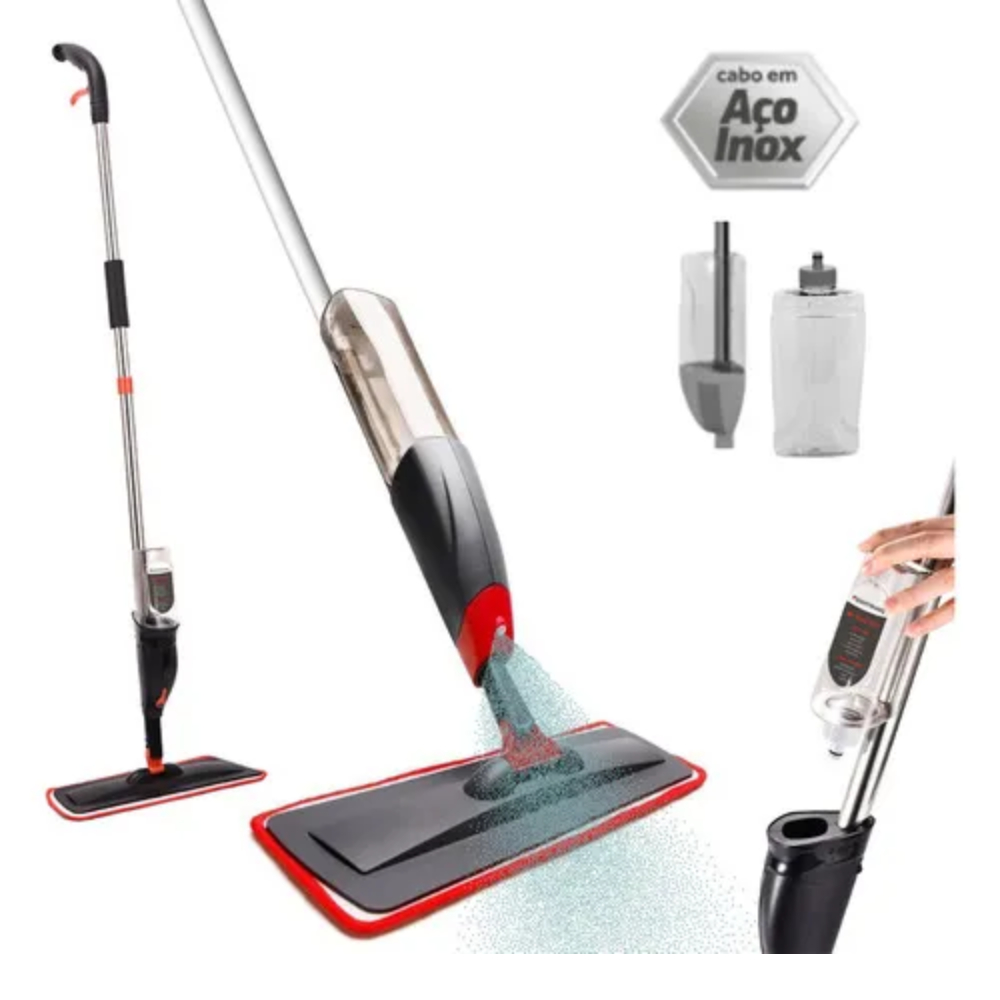 Mop Spray Com Reservatório Powermaid Cabo Inox Rodo Vassoura Mágica Limpeza Prática Microfibra Lavável Tira Poeira Pisos