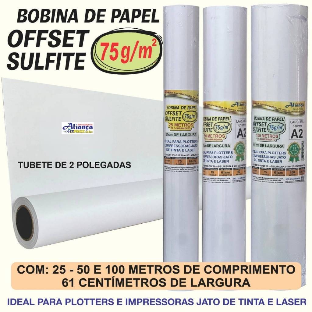Bobina Papel Sulfite Off-set 75g - 610mm para impressão Plotter tubo 2 polegadas