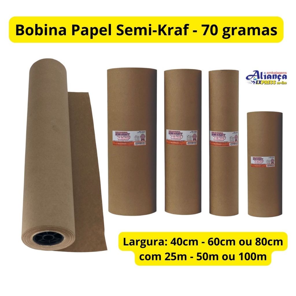 Bobina Papel Semi Kraft 70g para Embalagem Papel Resistente Ideal para Envio, Pacotes