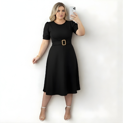 Vestido Godê  Moda Plus Size Rodado Social Festa Formatura Barato com Fivela no Cinto, Evangélica