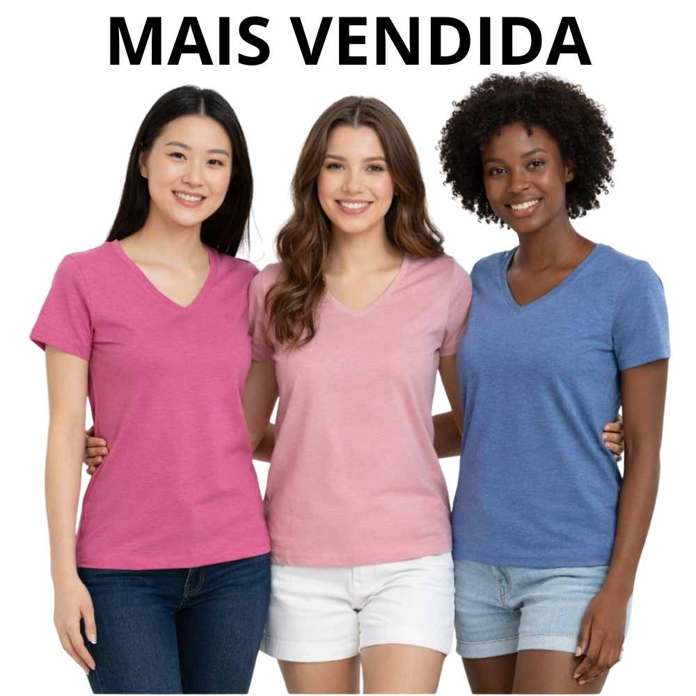 Kit 3 Baby Look Feminina Adulta Lisa Decote V Malha Flamê Mesclada Confortável em Oferta na Shopee