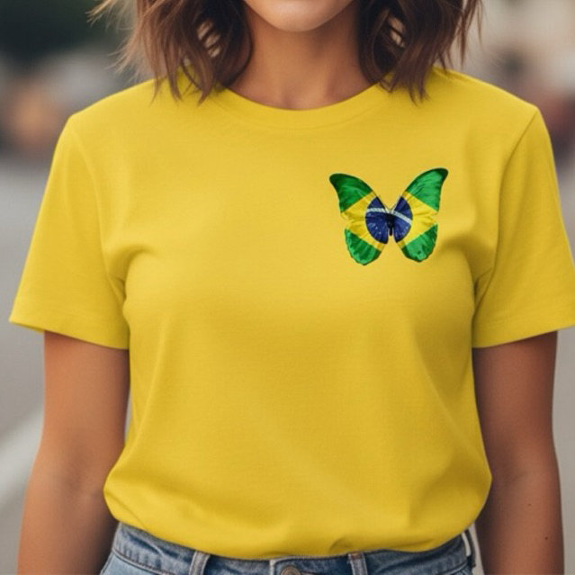 Camiseta Brasil Clássica Borboleta Minimalista – Estilo Patriota Copa do Brasil Unissex em Algodão