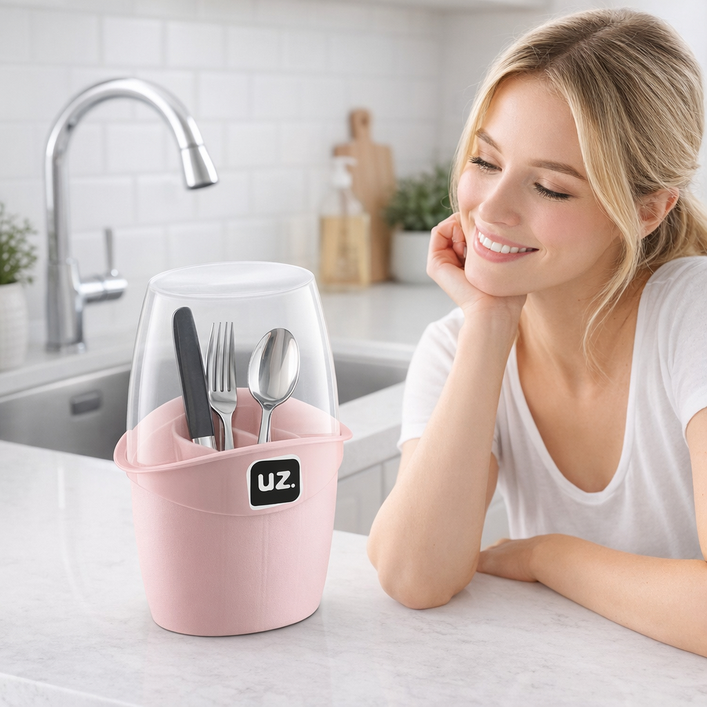 Porta Talheres Plus com Tampa Rosa UZ Utilidades